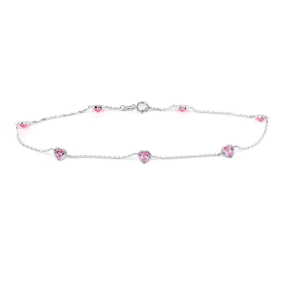 14k White Gold Anklet With 5 MM Pink Heart Shaped Cubic Etsy