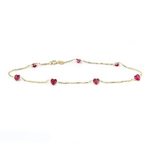 14k Yellow Gold Anklet With 5 MM Ruby Red Heart Shaped Cubic Zirconia By the Yard 9 - 11 inches