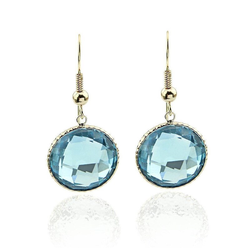 14K Yellow Gold Handmade Gemstone Earrings With 16 MM Round Blue Topaz Gemstones