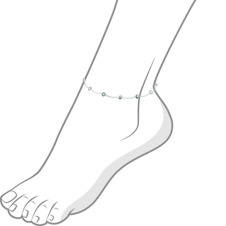 14k White Gold Handmade Station Ankle Bracelet With Round Blue Topaz Gemstones By the Yard