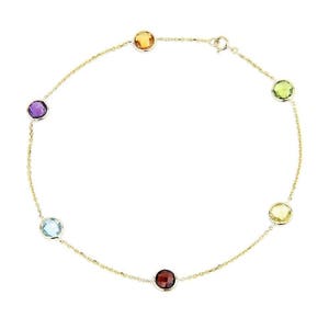 14k Yellow Gold Anklet Bracelet With 6mm Fancy Cut Round Gemstones 9 - 11 Inches