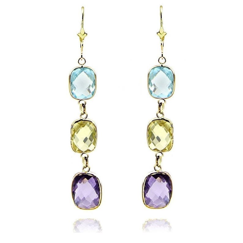 14K White Dangle Earrings With Cushion Cut Lemon Topaz Gemstones