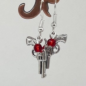 Six of crows inspired earrings revolver and red glass beads Handmade