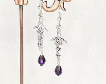 Six of crows Inej inspired earrings dagger and purple bead Handmade