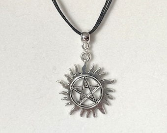 Supernatural inspired sun pentagram pendant black double cord necklace Handmade