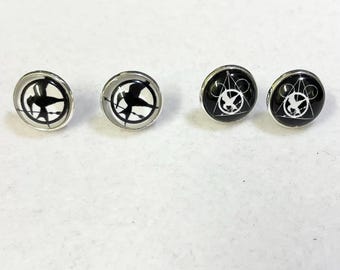 Hunger Games inspired mockingjay stud earrings with glass cabochons choose from two styles handmade