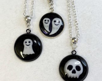 Halloween ghost and skull pendants on a silver plated necklace choose from three styles Handmade