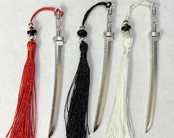 Samurai sword bookmark with tassel, glass and metal beads choose from three colours Handmade