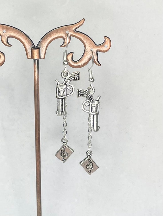 Six of crows Jesper inspired earrings revolver and playing card Handmade