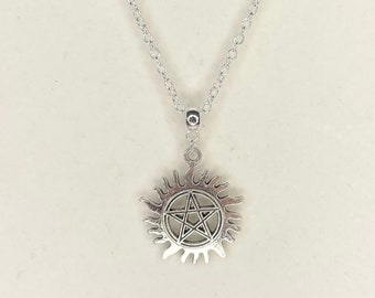 Supernatural inspired sun pentagram anti-possession pendant on a silver plated necklace Handmade