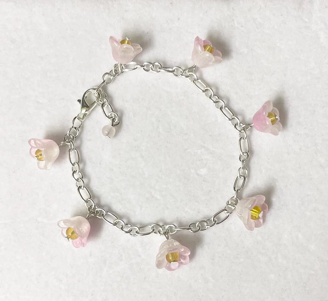 Pink Glass Flower Bead Charm Bracelet Handmade Etsy UK
