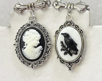 Cameo lady or raven on a silver bow brooch Handmade
