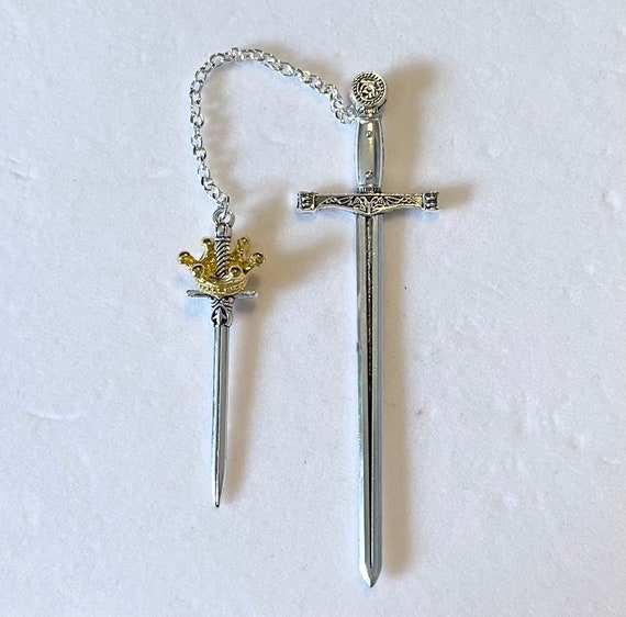 Silver tone broadsword bookmark with small sword charm and a gold tone crown Handmade
