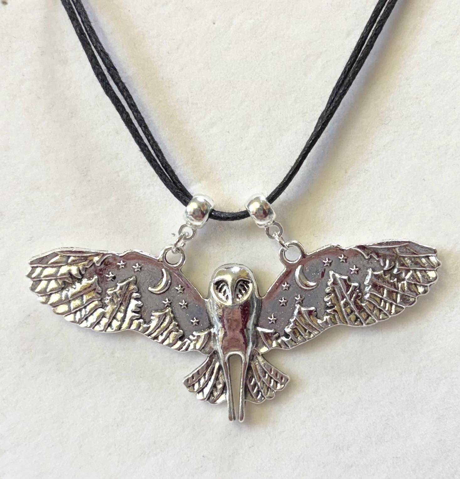 Gothic owl charm necklace on a black cord handmade