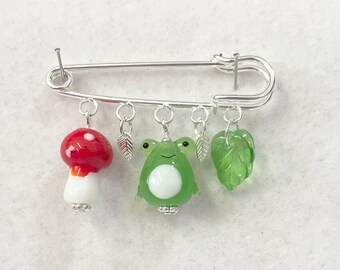 Mushroom and frog brooch with glass mushroom, leaf and frog beads Handmade