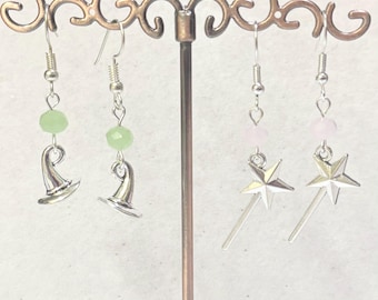 Wicked inspired dangle drop earrings choose from Elphaba or Glinda handmade