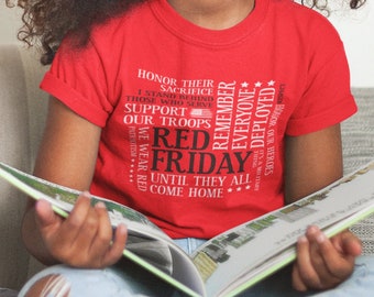 Red Friday Word Cloud Kids T-Shirt We Wear Red Military Family Deployment Tee Shirts | Baby One Piece to Toddler Youth and Adult Tees to 5XL