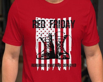 Red Friday T-Shirt American Flag Soldier Boots Remember Everyone Deployed Military Family Short Sleeve Tee Shirt | Baby to Adult 5XL