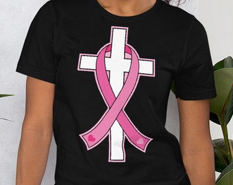 Christian Breast Cancer T-Shirt | Pink Awareness Ribbon Cross | Baby, Toddler, Kids, Adult, Plus Size Short Sleeve Tee Shirt