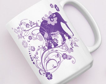 Purple Floral Elephant Mug | 11 oz or 15 oz Ceramic Coffee Cup | Double Sided Print