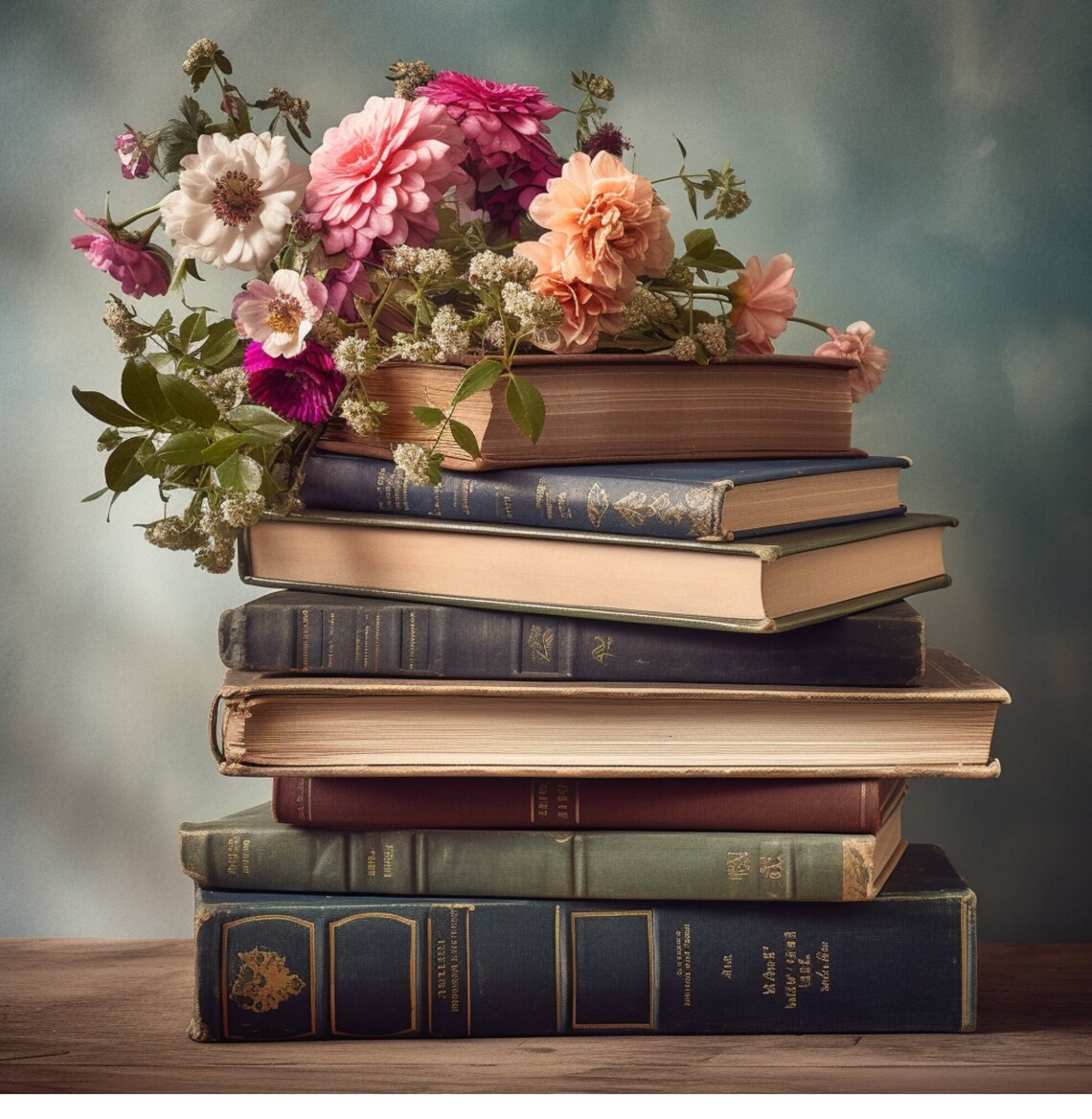 Beautiful Wall Print, Stack of Books With Pile of Flowers Printable ...