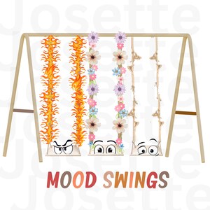 May include: A wooden swing set with three different swings. The first swing is decorated with orange flames, the second with pink and purple flowers, and the third with brown rope. Each swing has a cartoon face with eyes and a mouth. The text "MOOD SWINGS" is written below the swings.