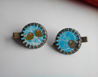 2 vintage - cabochon 'brown birds' hair clips