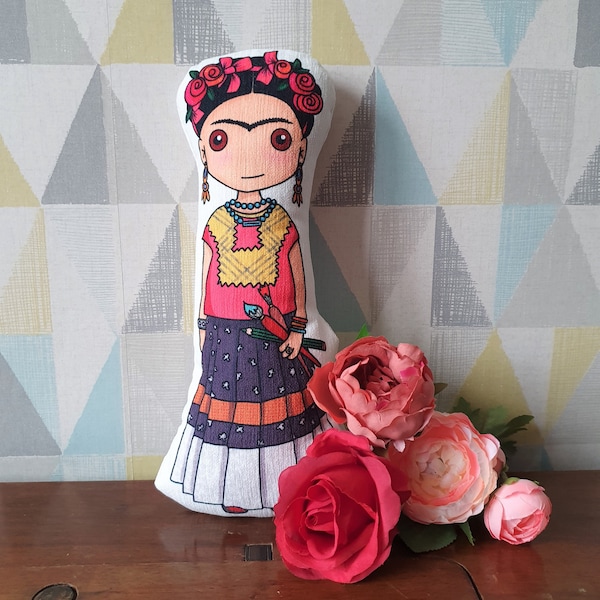 Frida Doll - Gift - Plush Toy - Artist - Dolly - Fabric Doll - Mexican - Day of the Dead - Unique Art Doll - Roses - Icon - Feminist