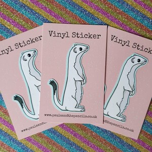 May include: Three vinyl stickers featuring a cartoon ermine standing upright on a pink background. The stickers have a white body, black tail tip, and are outlined in light blue. Each card reads "Vinyl Sticker" and includes a website address.