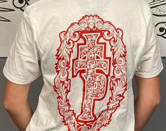PAINTED TEMPLE TATTOO Logo Tshirt - White and Red - Filigree- Custom Art - preshrunk cotton