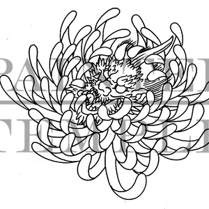 Op de afbeelding: Een zwart-witte lijntekening van een gestileerde chrysantenbloem met een drakenkop in het midden.