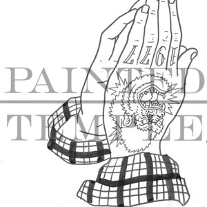 May include: A black and white line drawing of a hand in a praying position. The hand has a tattoo of a snarling creature with a crown on its head. The text "1161" is tattooed on the back of the hand. The hand is wearing a plaid shirt.
