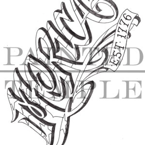 Könnte beinhalten: Schwarz-weiß-Linienkunst-Design mit den Worten "Painted Temple" in einer stilisierten Schriftart. Ein Banner mit "EST. 1776" ist im Design enthalten. Das Kunstwerk hat eine tattooartige Ästhetik.