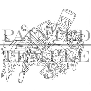 May include: A black and white line drawing of a heart with a syringe, money, a chain, a bullet, and a can with the word "XXX" on it.