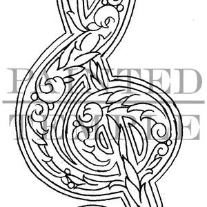 May include: A black and white line drawing of a treble clef with intricate floral designs. The treble clef is a musical symbol used to indicate the pitch of notes.