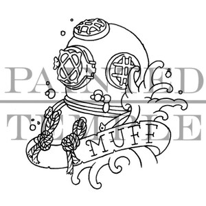 May include: A black and white line drawing of a diving helmet with a banner that reads "MUFF". The helmet is surrounded by bubbles and waves.