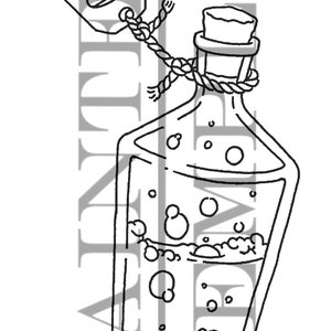 May include: A black and white line drawing of a bottle with a cork stopper and a tag that says "Drink Me". The bottle is filled with a liquid that has bubbles in it.