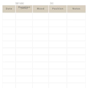 Könnte beinhalten: Ein weißer Baby-Bauchzeit-Tracker mit beigem Header und Spalten. Der Header lautet "Baby Tummy Time Tracker" mit einer Babygrafik links und einer Teddybärgrafik rechts. Spalten umfassen Datum, Dauer, Stimmung, Position und Notizen.