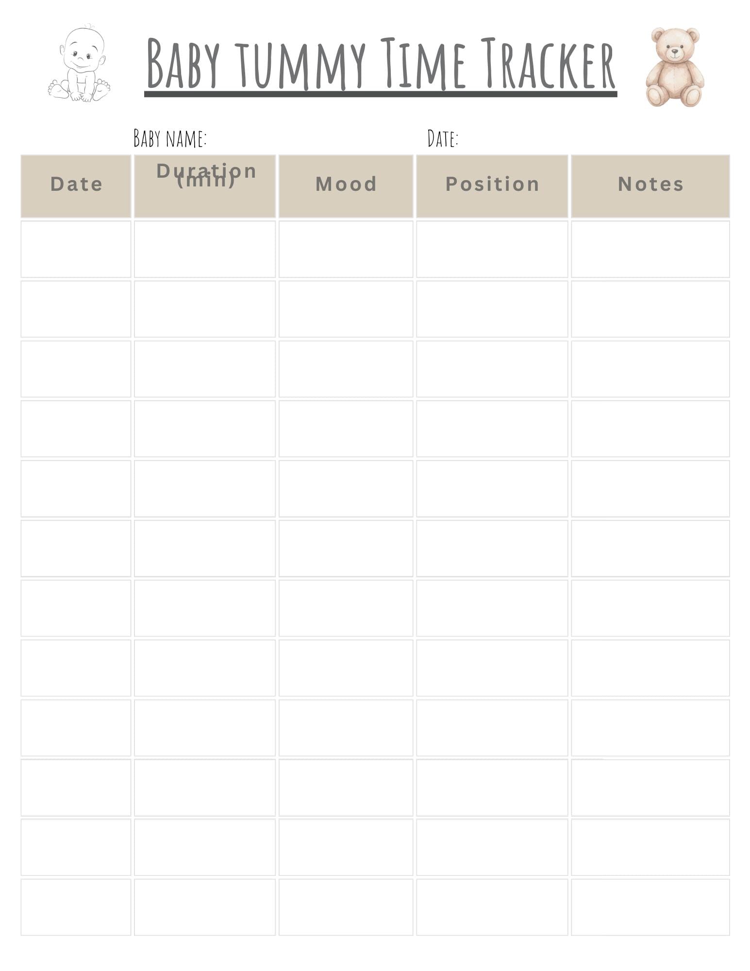 Tummy Time Tracker Printable, Baby Tummy Time Log, Infant Activity ...