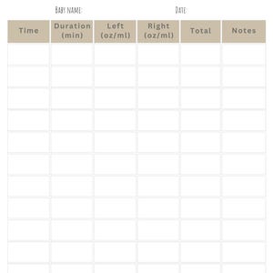 May include: A baby pumping log with a cream-colored background and a grid for tracking. The header reads "BABY PUMPING LOG." Columns include time, duration, left and right amounts in oz/ml, total, and notes. A small illustration of a breast pump is in the top left corner.