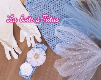 KIT for Tutu Dress Blue Princess Costume for Little Girl 2 3 4 5 6 7 8 9 years, Tulle Bustier Crochet Gloves Carnival Costume