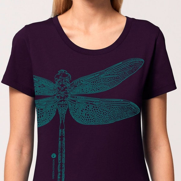 T-shirt libellule, 100%  coton bio, coupe femme, confortable, prune foncé, deep purple