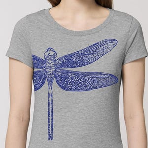 Dragonfly T-shirt, heather grey, sport grey, 100% organic cotton, 140 gsm, women's cut.