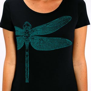 Dragonfly T-shirt, women's cut, comfortable, 100% organic or in-conversion cotton, black