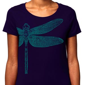 Dragonfly T-shirt, 100% organic cotton, women's fit, comfortable, dark plum, deep purple