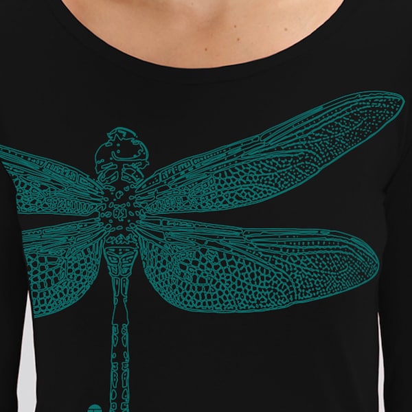 Dragonfly T-shirt libellule, 100% coton bio, manches longues, coupe femme, sérigraphié dans mon atelier.