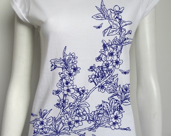 Cherry blossom t-shirt, sakura, white, 100% cotton, 145 gsm, women's cut.