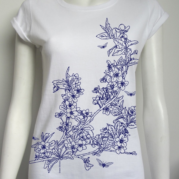 T-shirt fleure de cerisier, sakura, blanc, 100% coton, 145 gsm, coupe femme.