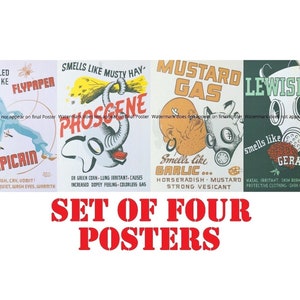 May include: Set of four vintage World War II era gas mask posters. Each poster features a different type of gas, its smell, and its effects. The posters are in red, white, and blue with illustrations of gas masks and other related imagery.