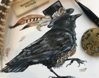 Quirky Bird Art Etsy - steam !   punk jackdaw steam punk art bird art jackdaw print fine art giclee corvid watercolour birdlovers quirky gift